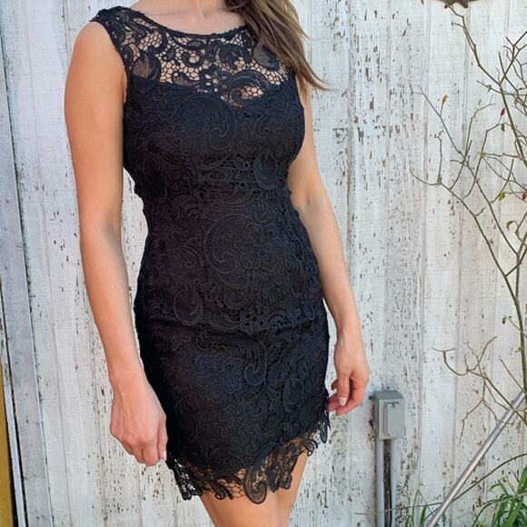 Alythea Black Lace Overlay Fitted Sheath Dress Medium Whimsigoth Formal Cocktail - Picture 2 of 10